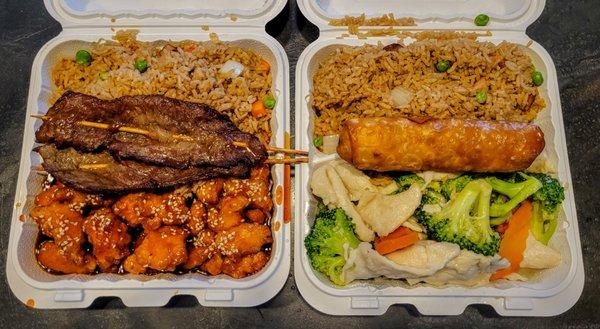 Chicken & broccoli + sesame chicken combos with pork fried rice and an egg  roll + beef teriyaki sticks