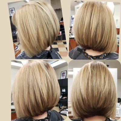 A-line Bob Haircut, highlights and vibrant purple peek-a-boos. Radiant & Sassy!