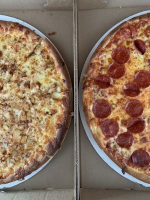 BBQ chicken & Pepperoni large pizzas