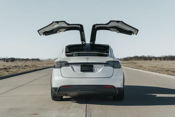 Back view of the winged-doors in the model X