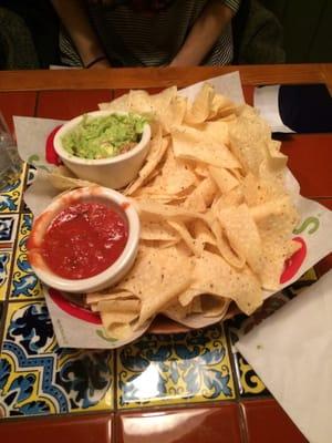 Chip salsa and guacamole appetizer. Huge pieces of avocado. Very fresh.