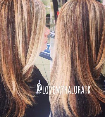 I love this contrast! Chestnut brown with bright chunky blonde. Be bold