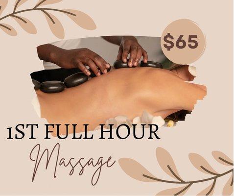 1st Massage 60min professional therapeutic massage with complementary hot stone, hot towels, and/or trigger point massage gun.