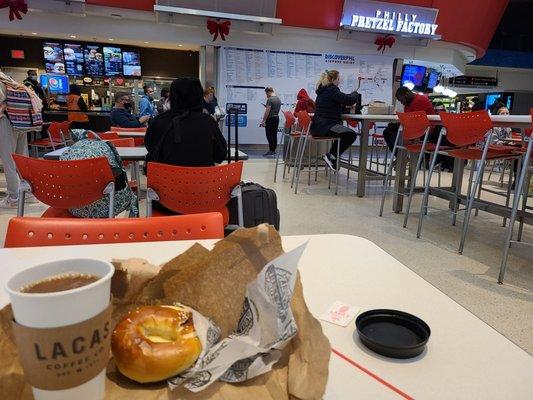 Bargain breakfast, esp. for an airport : bagel sandwich and coffee $6.50 !!