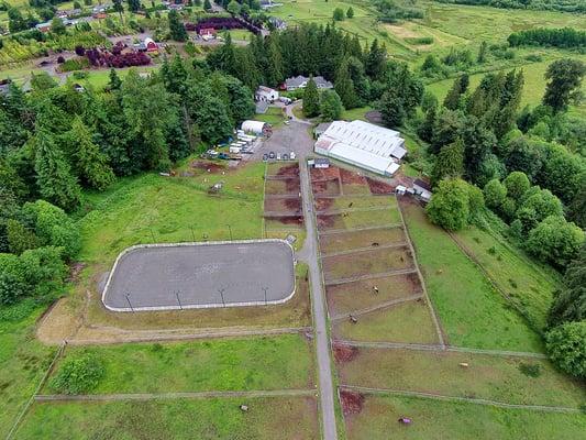 Aerial view of the farm showing most of the paddocks/pastures.