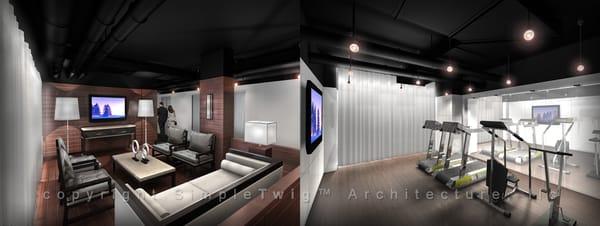 Condo lounge and gym. Design Architect and illustrations. Manhattan.