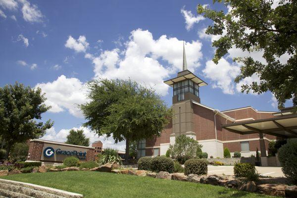 Front view of the church building from Denton Tap Road.