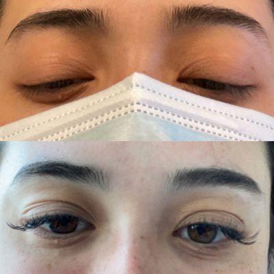 Before and after hybrid lash extensions - day of