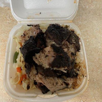 Jerk pork with white rice and cabbage