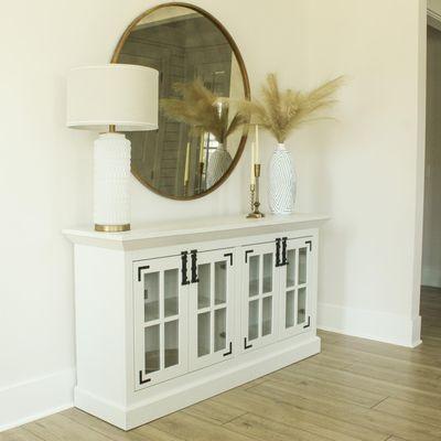 Modern: crisp and clean - Our Finn Console in Solid Cherry wood in Plain White - with glass insert doors and black hardware