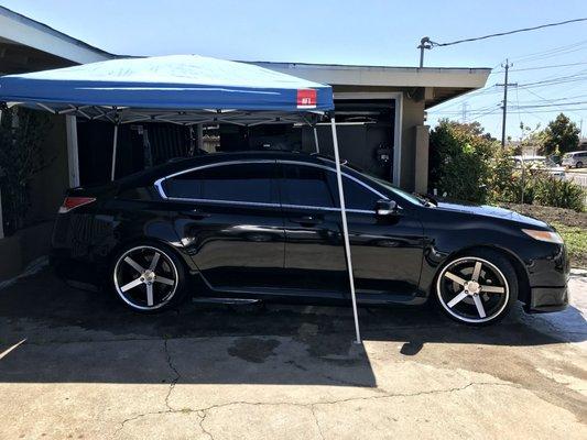 Stretched wheels, tires and lowering kit. Laser aligned