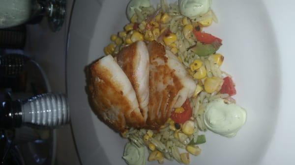 Cod over orzo and roasted corn with avocado puree