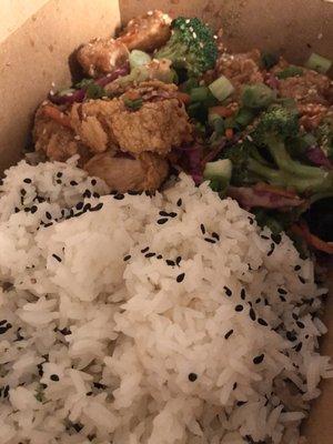 Cambodian wok-fried chicken tenders (rice bowl style)