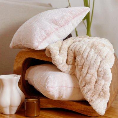 Pillows made with our Dusty Rose Frosty Snuggle and blanket made with our Cream Dreamy Bunny Sharpei Snuggle.