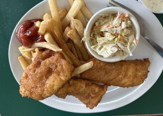 3 pc. Fish and chips with cole slaw.