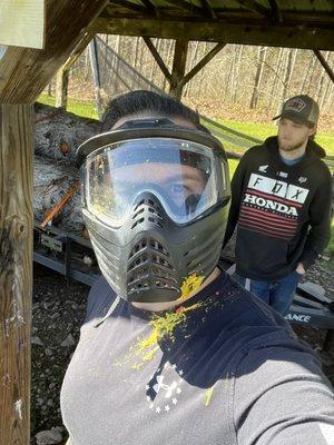 Company paintball day at Rocky's Bicycle Shop. Dang my hair looks good.