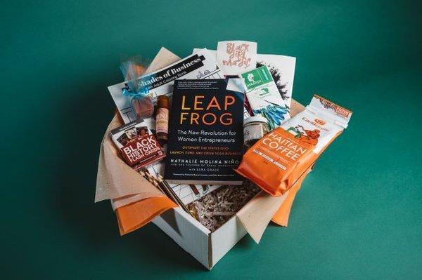 Black Legacy Gift Box for the boss lady - featuring black-owned self-care items, coffee/tea, chocolate and business funding tips.