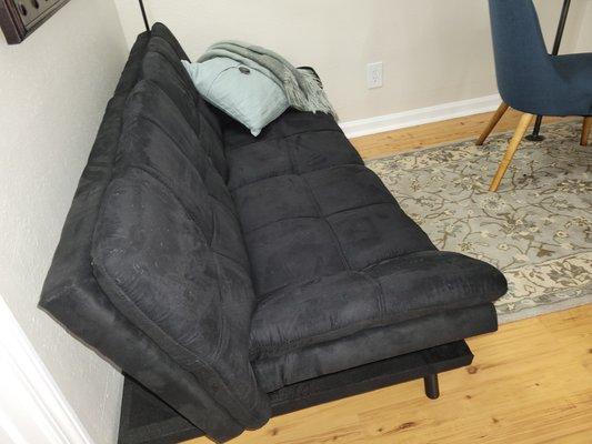 Futon folds down for added bed