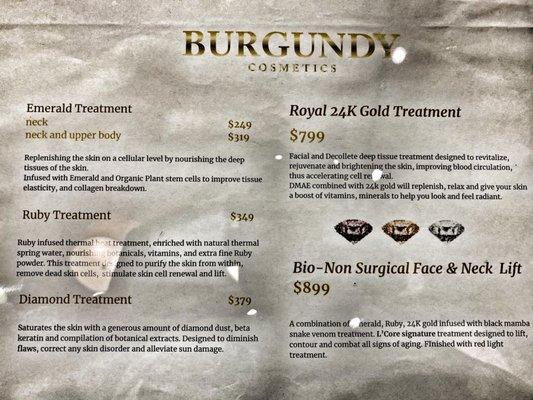 facial treatment price list