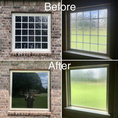 From acrylic block to a picture window with rainfall glass - Location: Master bathroom