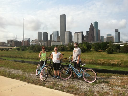 Great views of the downtown skyline along the bayou bikeway on our Bayou City Tour.