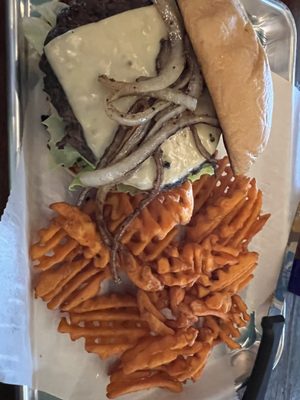 Burger - Swiss, loaded with grilled onions and sweet potato fries