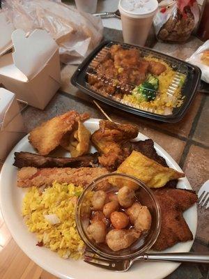 Bao Bao tray, pork fried rice, fried crab, sweet & sour pork, General Tso chicken