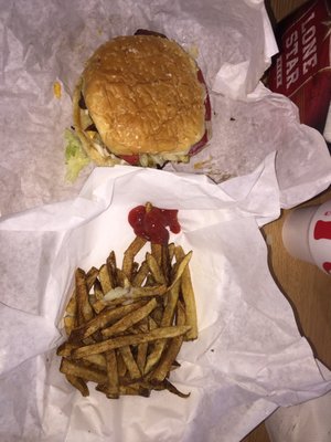 Bacon Double Cheese Burger w Fresh Cut Fries.