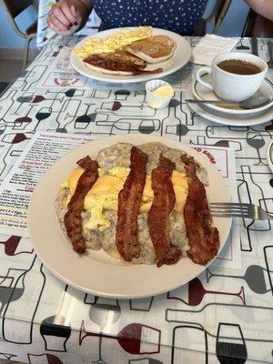 Amazing! Biscuits and gravy, w/ eggs and a side of bacon. Hole in-the-wall place with the best owner/cook/server ever!