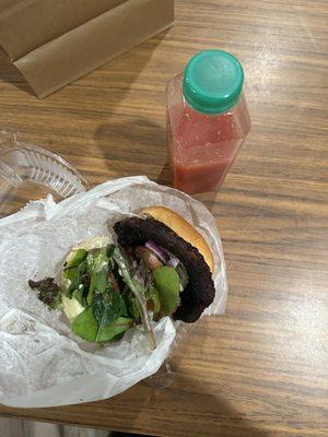 Spirit First Foods Black Bean burger and fermented fruity drink