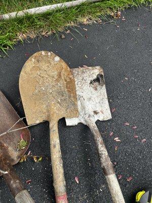 Personal shovels used without asking then returned covered in dried cement.