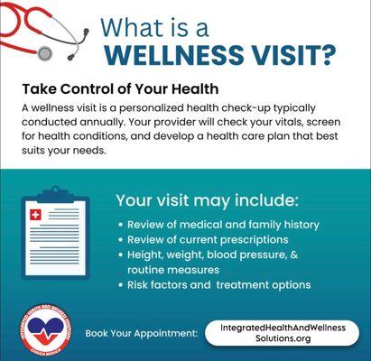 What is a wellness visit?
Schedule your appointment at Integrated Health and Wellness today!