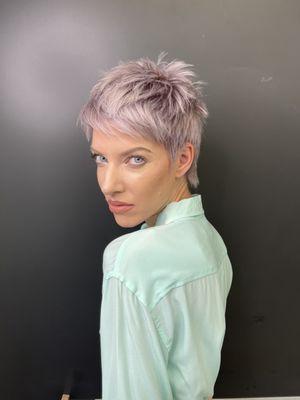 Pixie Haircut with soft lilac hair color