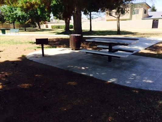 3 picnic tables, each with a grill