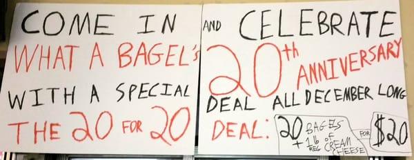 In December 2015, we celebrated the 20th anniversary of What A Bagel Café opening its doors right here in White Plains!