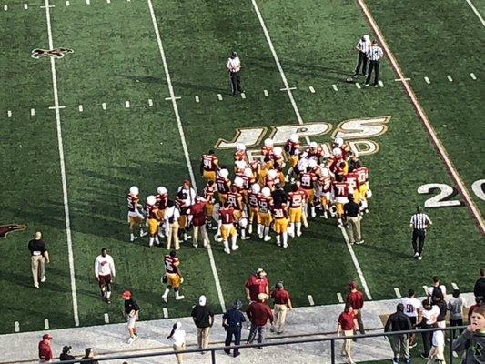 11/24/18. Saturday afternoon. Malone Stadium. Warhawks (maroon jerseys) versus the University of Louisiana-Lafayette Ragin' Cajuns.