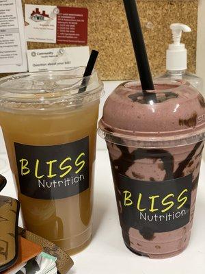 Peach Mango tea with energy boost and Chocolate Raspberry shake