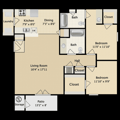 2 Bed - 2 Bath is 1,093 Sq. Ft!