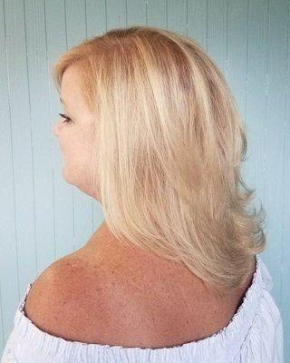 Blonde coverage with free hand balayage highlights