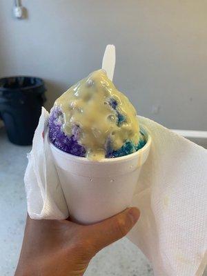 Orchid vanilla + blue Bahama with condensed milk on top