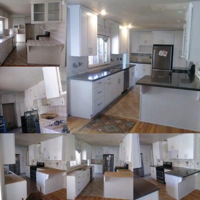 White Shaker cabinets and Lagos Azul quartz.