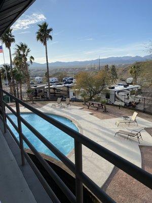 A view of the pool from the upper deck of the clubhouse.