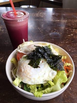 Soul of Seoul bowl and fresh beet juice.