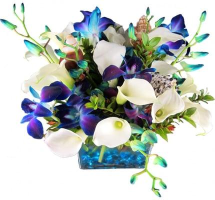 White Mini Calla Lilies and Dyed Blue Bombay Dendrobium Orchids, with greens and real Seashells. www.deluxeflorist.com