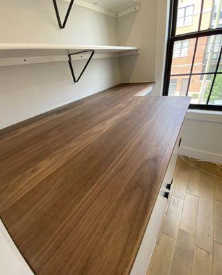 custom walnut top & shelves above kitty privacy hidden cat box