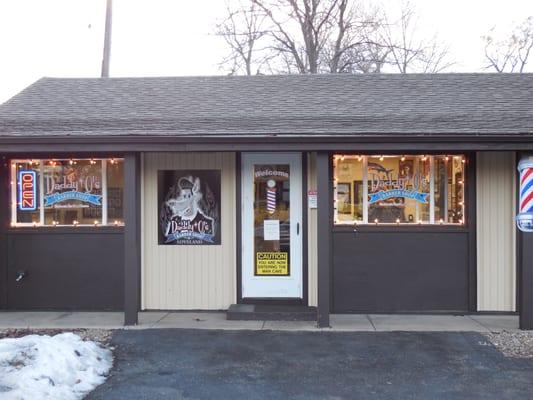 The entrance to Daddy-O's Barber Shop in Loveland.  Warning: Man Cave