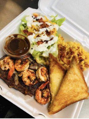 Steak, Shrimp, Corn and Salad