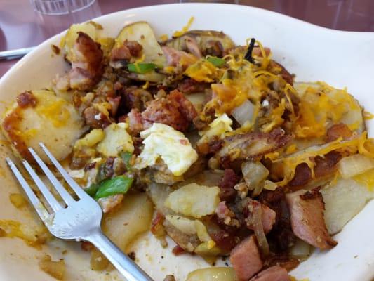 Breakfast skillet. So salty! Ham bacon sausage too salty. Gravy for biscuits salty as well. I ate the eggs