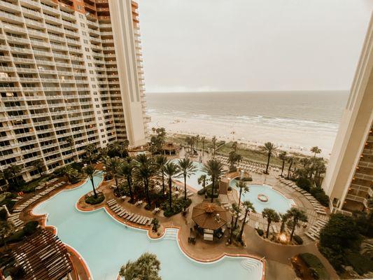 Oceanfront location with breathtaking views of the Gulf of Mexico on the balcony.
 Resort amenities, including pools, hot tub,  and beach