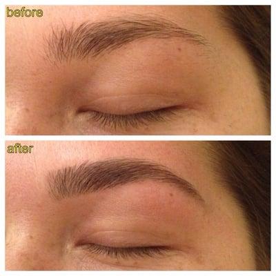 Close-up of brows before and after shaping and tint.